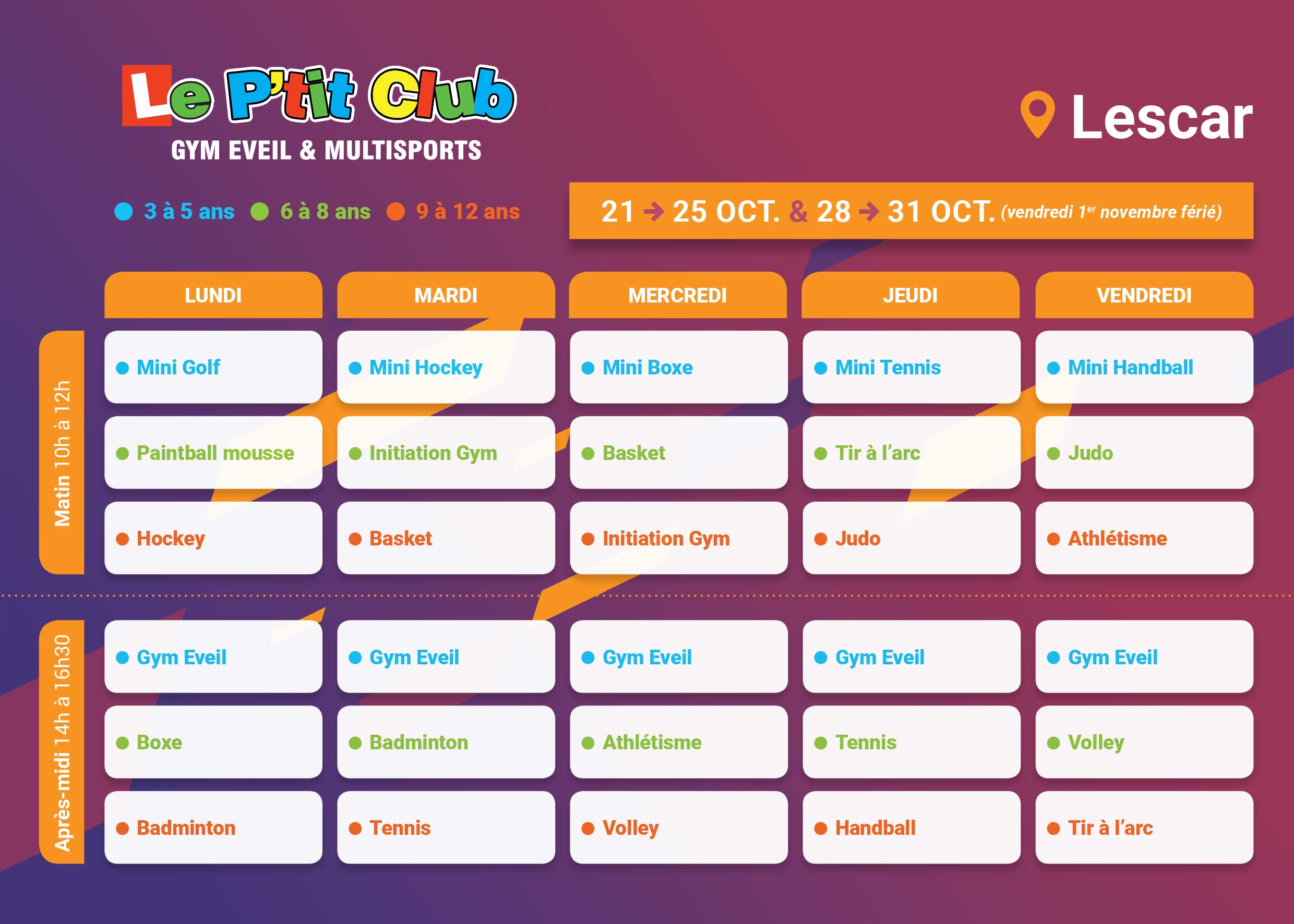 Planning stages vacances octobre 2019 Le P'tit Club Lescar