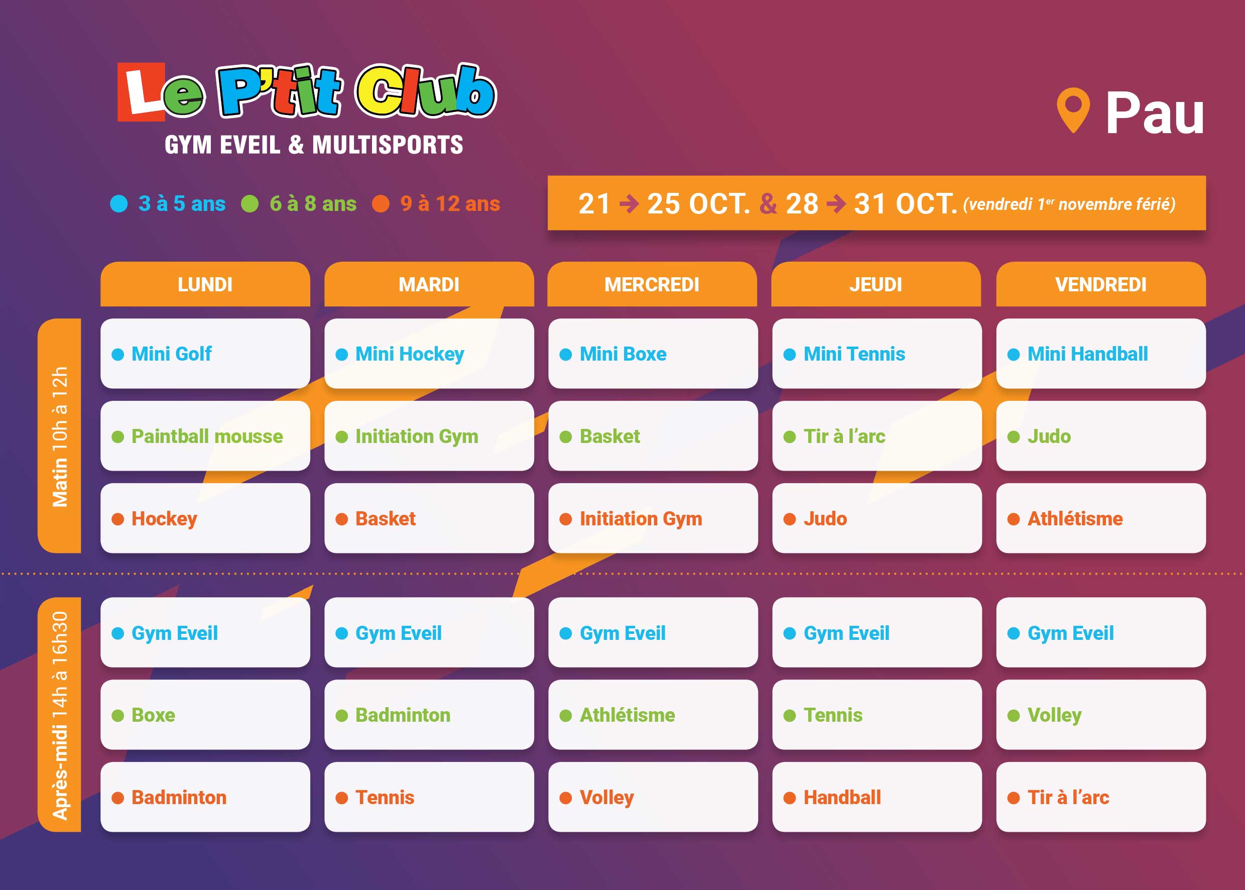 Planning stages vacances octobre 2019 Le P'tit Club Pau