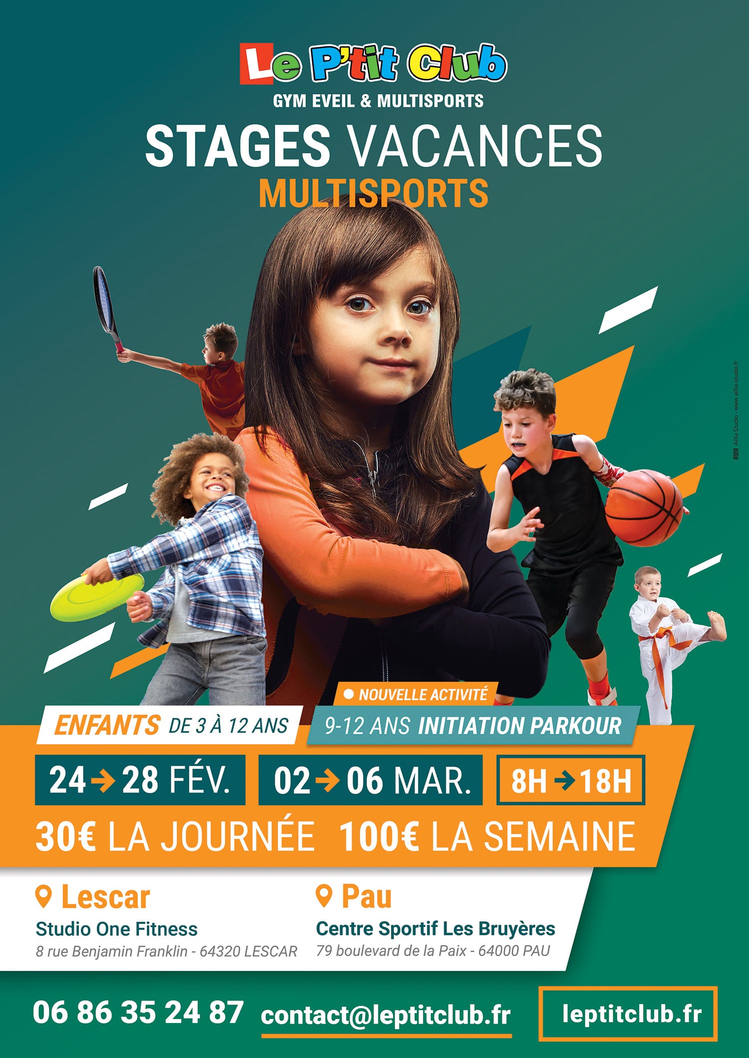 Affiche stages vacances février 2020 Le P'tit Club Pau Lescar